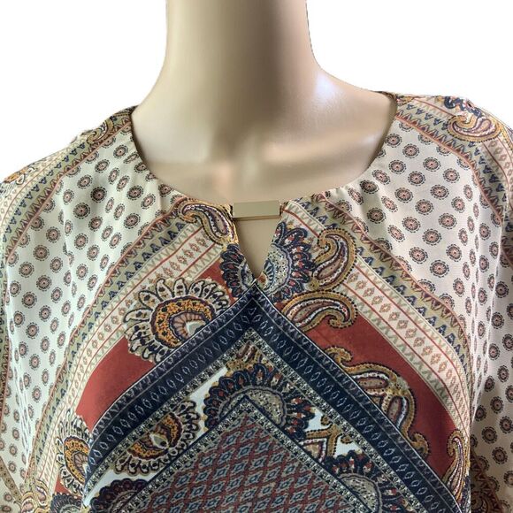 Roz & Ali Brown Patterned Keyhole Neckline Poncho Blouse Size Petite Medium - Picture 2 of 14